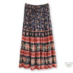 Navy Rose Floral Boho Midi Skirt, Fall Skirt, Gypsy Skirt, Hippie Skirt, Boho